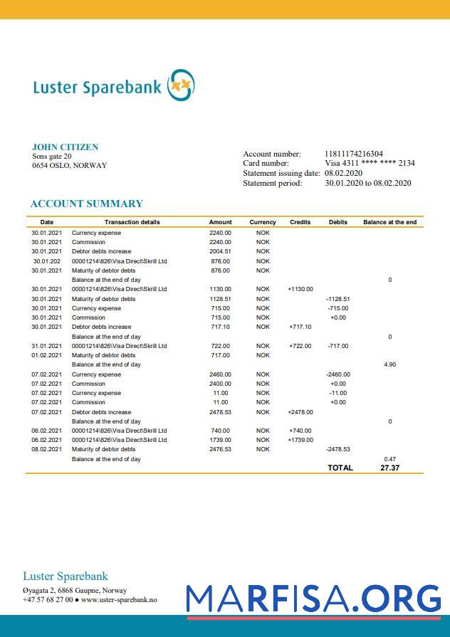 Printable Norway Luster Sparebank bank statement word example